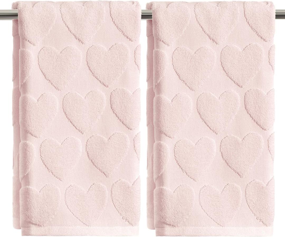 Artoid Mode 2 Pcs Pink 3D Love Heart Jacquard Valentine Hand Towels for Bathroom, 100% Cotton Soft Absorbent Bathroom Decor Towels, 13.7 x 29.5 Inch, Pink
