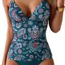 B2prity Halter Tankini Swimsuit for Women Tummy Control Two Piece Bathing Suit V Neck Swimwear with Shorts (Medium, Deep Green Floral Printed)