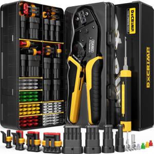 Waterproof Automotive Electrical Connectors Crimping Tool Kit, 1/2/3/4 Pin Waterproof Plugs, Ratchet Crimper for 2414 AWG Wires, Includes Removal Tools for Car, Truck, RV, Boat Wiring Harness
