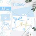 FYSUIMU 36 Pack Blue Bow Thank You Card Gold Foil Bowknot Greeting Card Coquette Blank Note Cards with Envelope Sticker for Birthday Baby Shower Party Supplies, 4 x 6 Inch