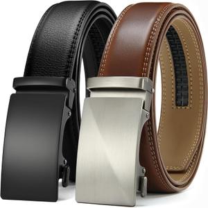 CHAOREN Leather Ratchet Belt Men 2 Pack - Customizable Fit, Effortless Style (35mm) (32" to 38" Waist Adjustable, Basic Black/Brushed Cognac)