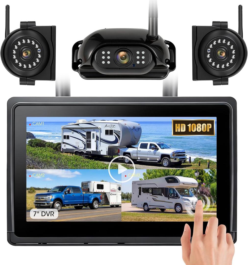 Wireless RV Backup Camera System 7" 1080P Touch Screen & 3 Cameras, Compatible with Furrion Pre-Wired Plug, DVR Monitor & Waterproof Night Vision Rear Side View Camera for Trailer Truck, A13