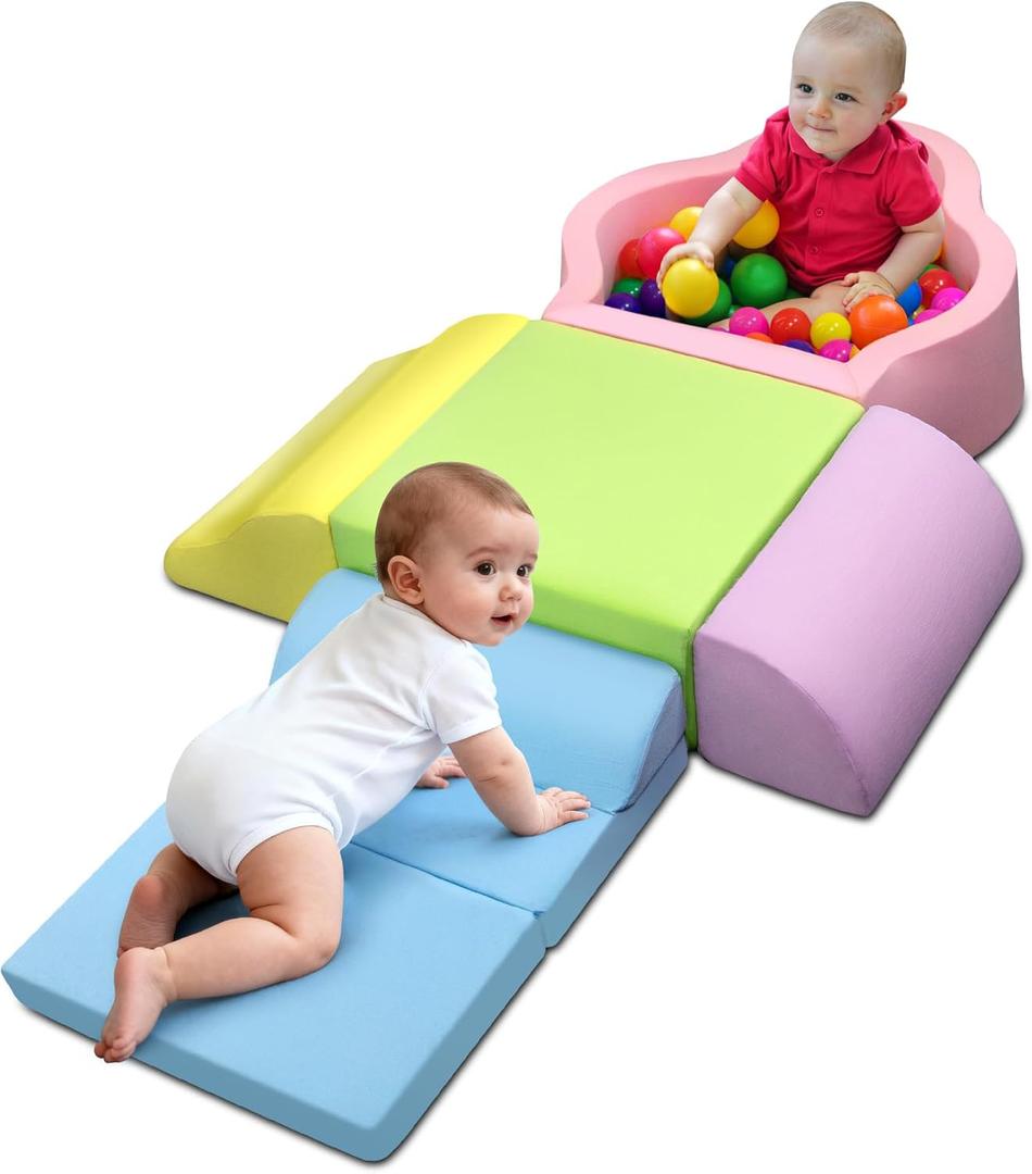 Soft Play Set, Foam Baby Climbing Blocks with Anti-Slip Particles Bottom & Velcro Connectors for Toddlers 6-24 Months, High-Density Foam & Washable Cover for Motor Skills Development (Color)