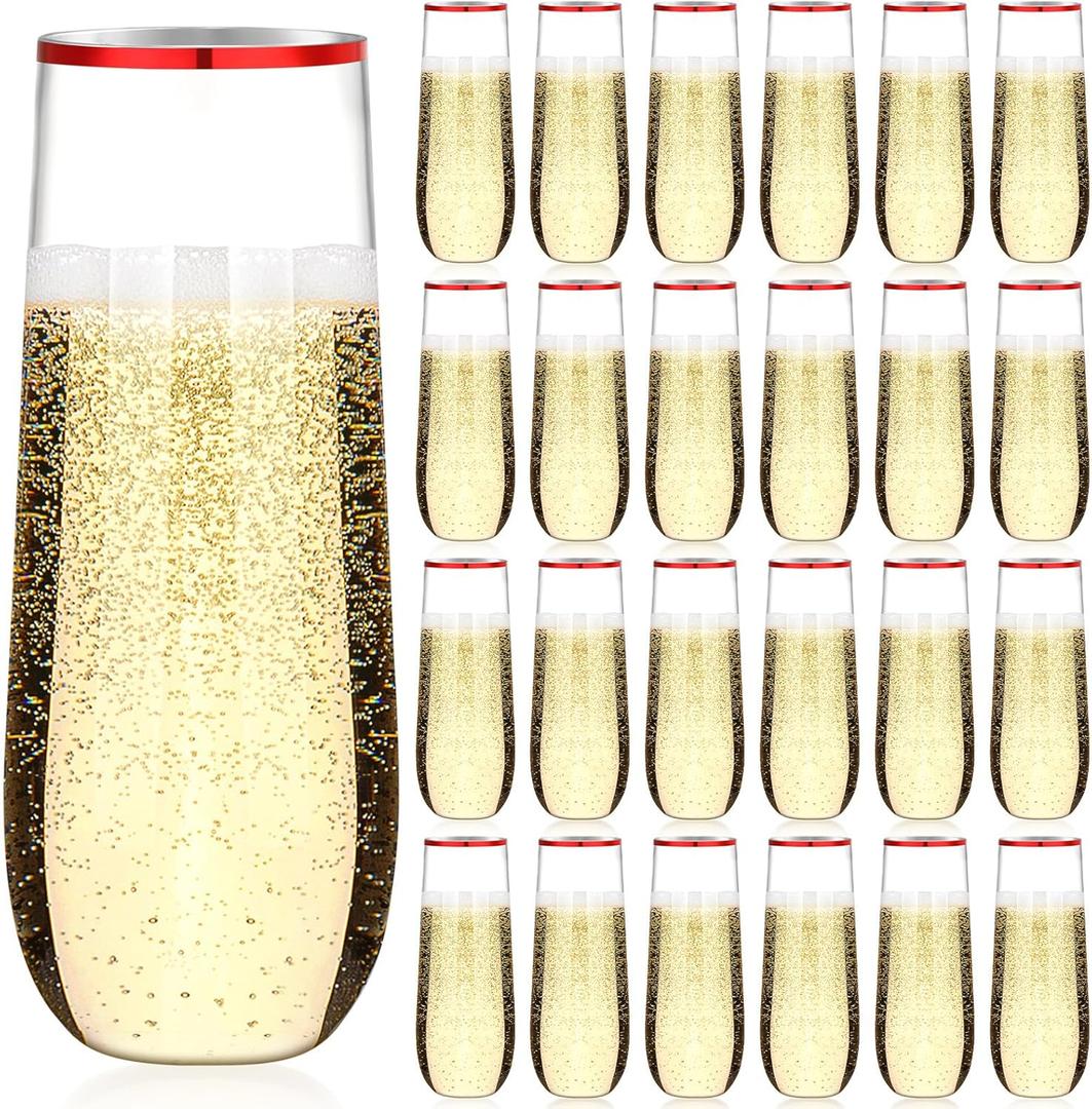 Norme 24 Pcs 9 oz Plastic Champagne Flutes Stemless Plastic Champagne Glasses Shatterproof Mimosa Glasses Rim Wedding Toasting Flutes Unbreakable Disposable Clear Champagne Cups for Party (Red)