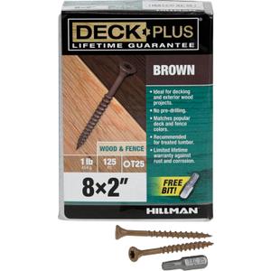 Deck Plus 49004 Exterior Wood Screws, #8 x 2, 4-Layer Epoxy Coated, Torx/Star Drive Included, Coarse Thread, Decking Screws, Outdoor Rust Resistant, Brown, 125pcs