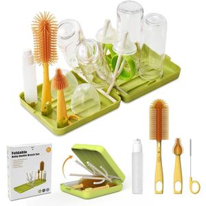 Travel Bottle Brush with Portable Bottle Drying Rack, Baby Bottle Brush for Baby Travel Essential, Green