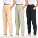 Real Essentials 3 Pack: Women's Ribbed Lounge Jogger Cuffed Yoga SweatpantsPockets  (Large)