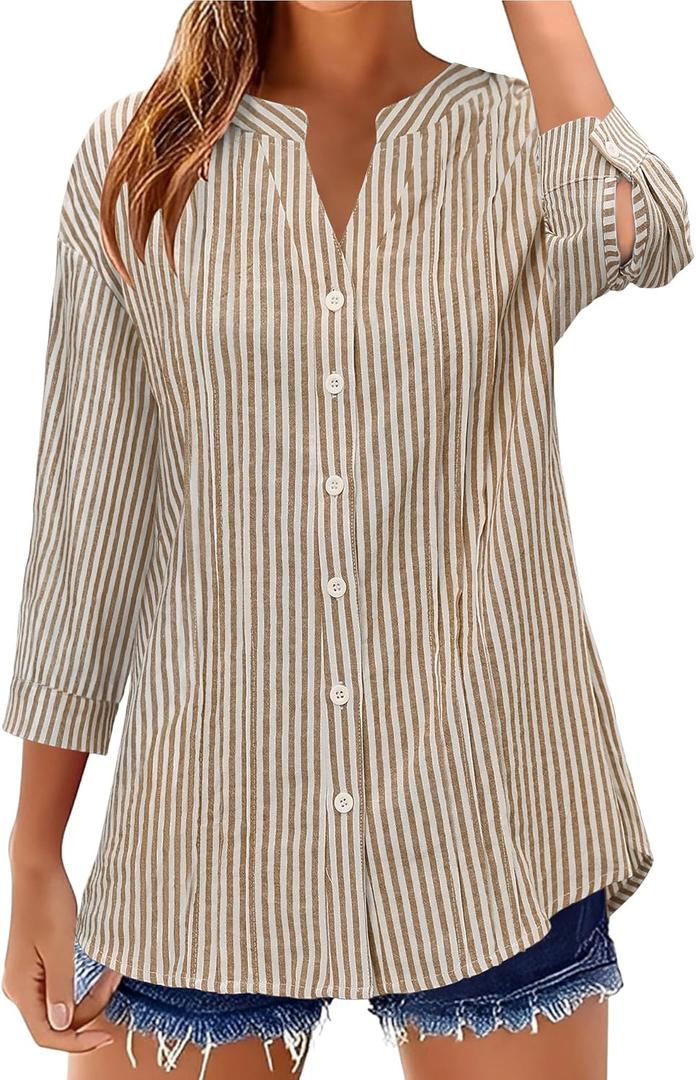Micoson Womens 3/4 Sleeve Tops Cotton Linen Button Down Shirts V Neck Pleated Casual Loose Blouses Roll Up Sleeve Shirt (Beige, S)