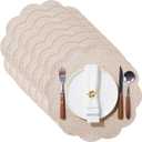 12 Pcs Round Flower Shape Waterproof Placemats, PU Leather Washable Table Mats Non-Slip for Kitchen Dining Table Decoration (Beige)