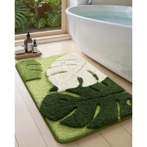 Color&Geometry Cute Leaf Bathroom Rug, Plush Absorbent Non Slip Washable Plant Decor Bath Mat, Ideal for Shower Sink, Bathtub Floor, Bedroom, Kids Room, 24"x36", Green