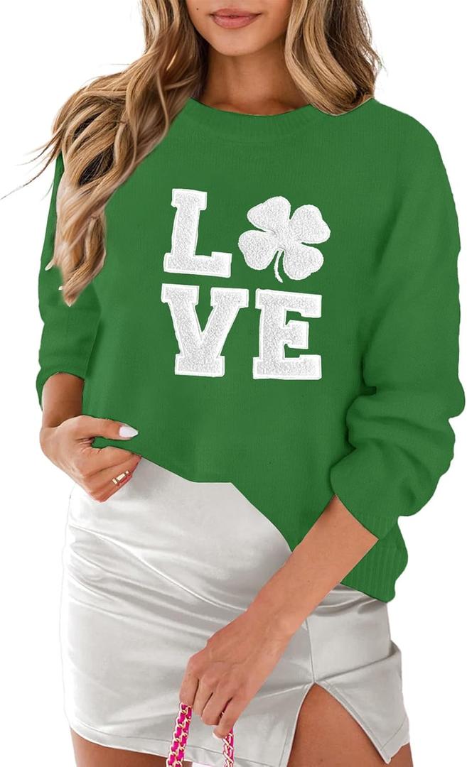MARZXIN Women 2026 Casual Holiday Love Sweaters Round Neck XOXO Sweater St Patrick Tops Merry Christmas Heart Sweatshirt (Green, S)