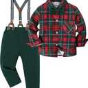 ZOEREA Toddler Baby Boy Suit Clothes Gentleman Wedding Outfits Long Sleeve Dress Shirt + Suspender Pants + Bowtie 4-5T (Grid Red)