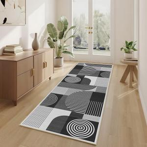 Grey Geometric 2x6 Runner Rug for Hallway Kitchen Bedroom Black White Machine Washable Rug Non Slip Low Pile Gray Minimalist Line Runner Rugs Long Floor Mat Carpet for Bathroom Laundry