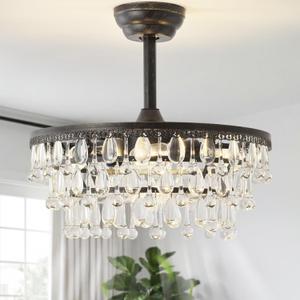 Farmhouse Rustic Crystal Fandelier Ceiling Fan with Light, 20 Black Crystal Ceiling Fans with Lights, Remote Control Caged with 6 Speeds for Bedroom, Living Room