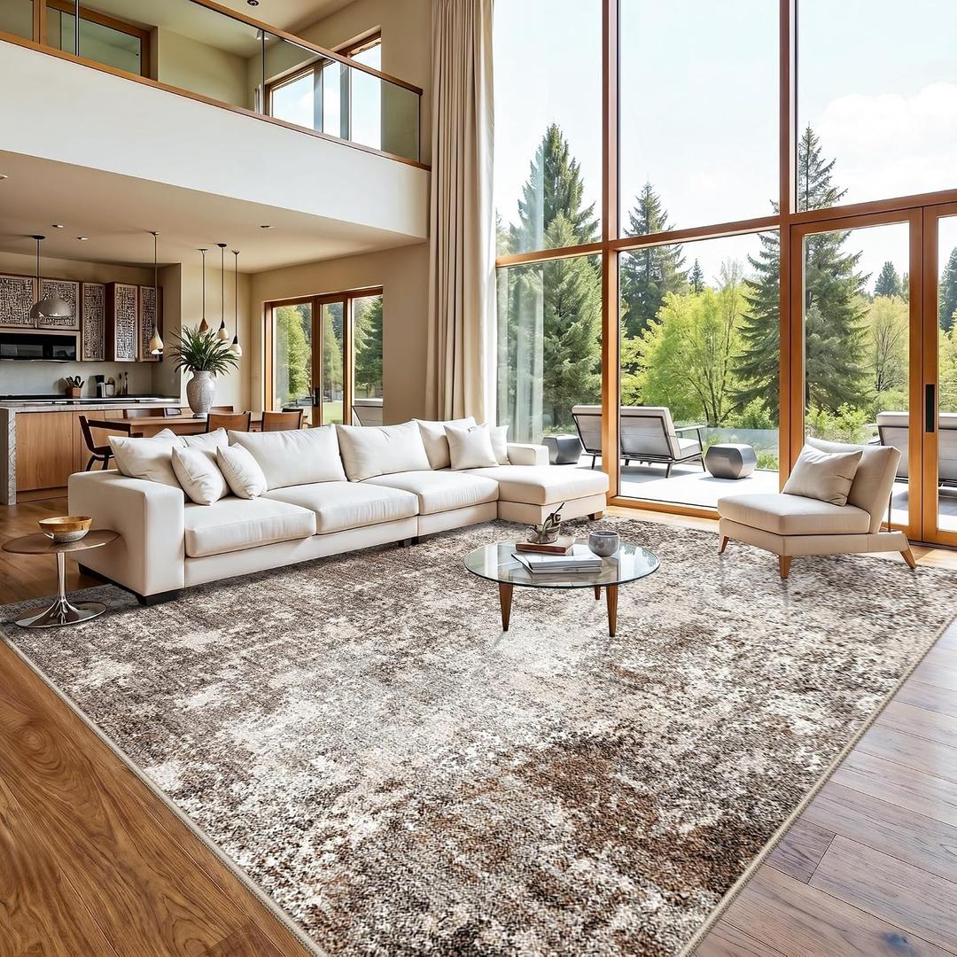 12x12 Square Living Room Rug – Modern Abstract Neutral Extra Large Washable Non-Slip Low-Pile Indoor Carpet for Bedroom, Dining Room, Playroom (Brown Beige,12x12)