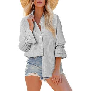Black and White Striped Shirt Women Smocked Cuffed Oversized Boyfriend Blouse Loose fit Tunic Dressy Casual Collared Shirt Button Up High Low Hem Tops Long Sleeve Y2k Business Casual Fall Clothes, Size Small