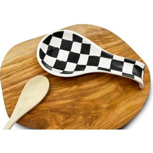 Checkered Spoon Rest for Kitchen Counter - Cooking Spoon Holder for Stove Top - Large Utensil Spatula Spoon Rest - Cute Kitchen Gadgets Gift for Housewarmings - Distressed Checkerboard Black and White