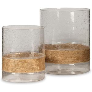 Signature Design by Ashley Eudocia Coastal 2 Piece Glass Candle Holder Set with Rope Base, Clear & Brown