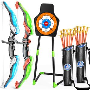 TEMI 2 Pack Archery Set - Includes 2 Bows, 20 Suction Cup Arrows & 2 Quivers & Standing Target, Outdoor Light Up Toys for Kids Boys Girls (Green and Blue)