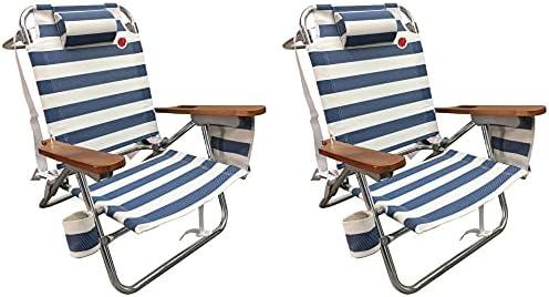 OmniCore Designs Multi-Position Wood Arm Beach Chair (2-pk) | Headrest, Media Organizer Pocket, Cup Holder, textilene Fabric, Dual Backpack Carry Straps | Outdoor Patio and Camping Chair