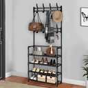 4-Tier Shoe Rack & 8-Hook Coat Stand Black Metal Organizer for Bedroom, Entryway, or Living Room Space-Saving Floor Rack, Easy Assembly
