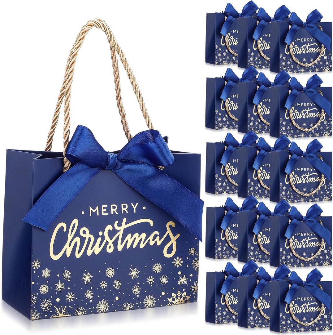 Tenceur 40 Pack Mini Christmas Gift Bags with Ribbon 5.5 x 2.4 x 4.7 Inch Small Christmas Goodies Bags Mini Xmas Candy Snack Packing with Handle for Xmas Holiday Wrapping Party Favor(Blue and Gold)
