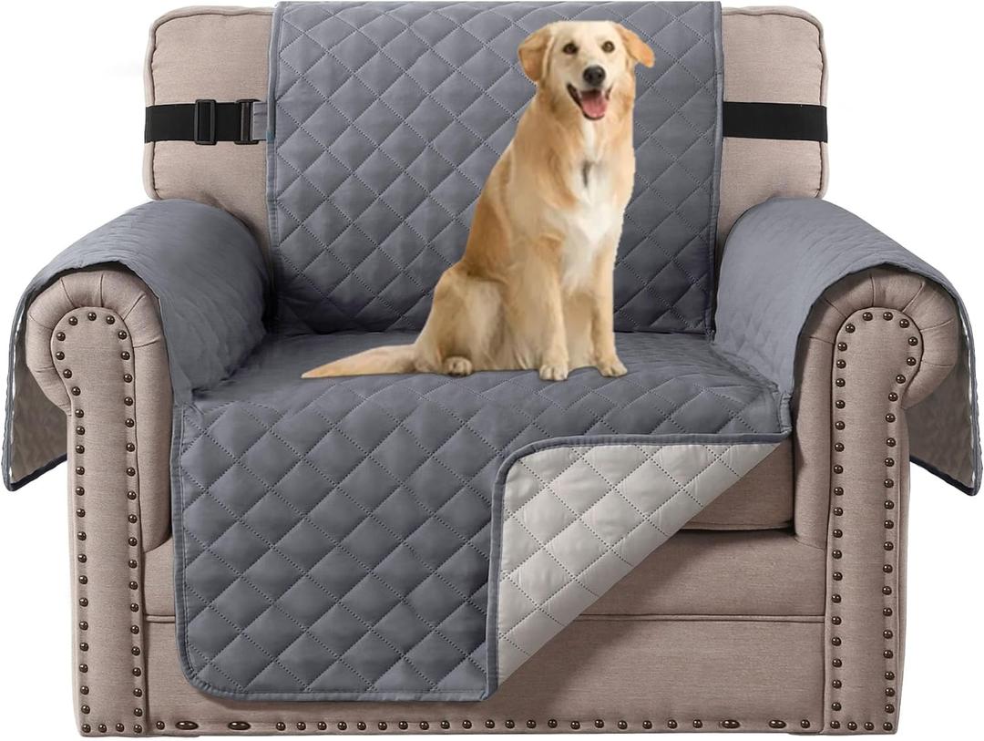 H.VERSAILTEX Reversible Quilted Chair Cover, Water Resistant Chair Slipcover Furniture Protector, Washable Chair Couch Cover with Elastic Strap for Kids, Dogs, Pets(Armchair, Grey/Beige)