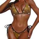 Pool Party Glitter Bikini, Neon Strap, Padded 2Pc Swimsuit Boudoir Shoot (Small, Golden)