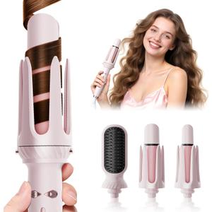 Automatic Curling Iron, Beach Wave Curling Wand, Portable Rotating Curler, Dual Voltage, Lightweight and Portable, Ceramic Coated, Straightening Brush, 1inch and 1.25 inch 3-in-1, Pink