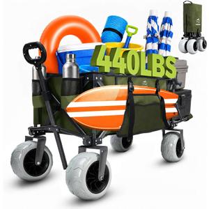 Beach Wagon with Extended Tailgate, 9" Big Sand-Proof Wheels, Heavy Duty 440lbs Folding Wagon Cart, 41" Utility Wagon with Side Bag, Adjustable Handle for Sand, Outdoor