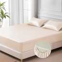 MR&HM Satin Fitted Sheet & Pillowcase Set King Size, 3-Piece Silky Soft Bedding with 15" Deep Pocket, Reinforced Elastic Corner Straps to Prevent Slipping Off Mattress, Beige