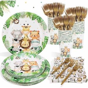 Safari Jungle Baby Shower Plates Set Decorations Wild One Birthday Party Decorations Serves 25,Sage Green Plates Napkins Cups and Forks Animals Theme Disposable Tableware Set