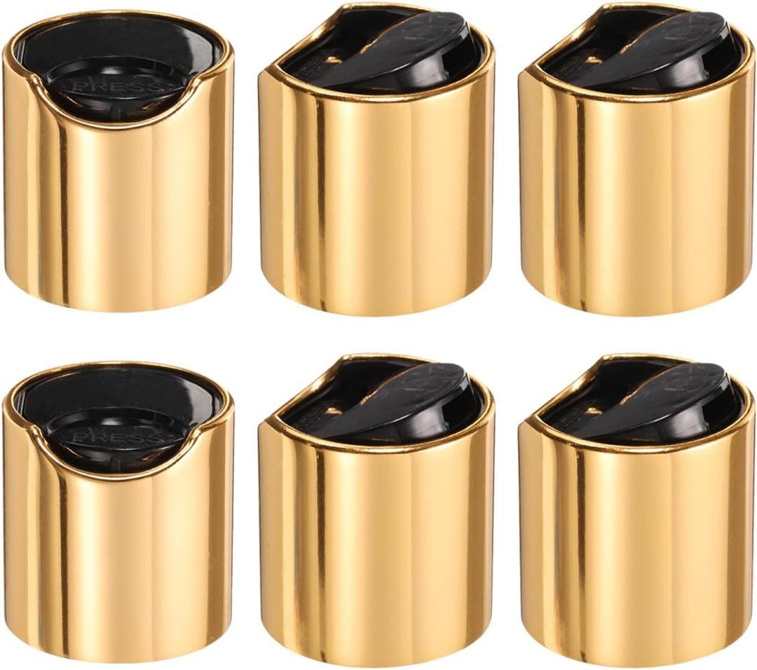 uxcell 6pcs Aluminized Plastic Disc Top Caps, 24/410 Replacement Press Caps Durable Dispensing Lids for Squeeze Bottles, Refillable Bottles, Plastic, Empty, Shampoo, Gold Black