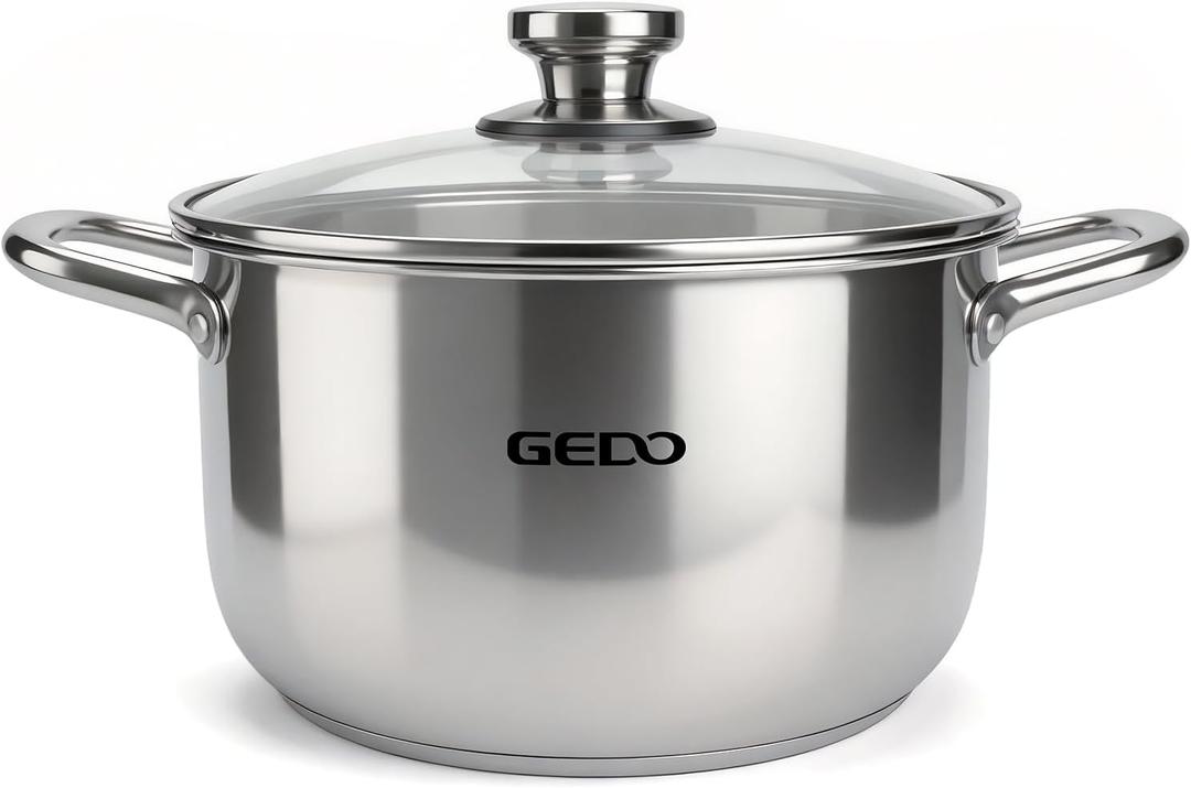 GEDO Stainless Steel Stock Pot with Glass Lid, 304 Grade Premium Soup Pot, Silver, Double Handle, for Kitchen Cooking (9.43in/24cm size)
