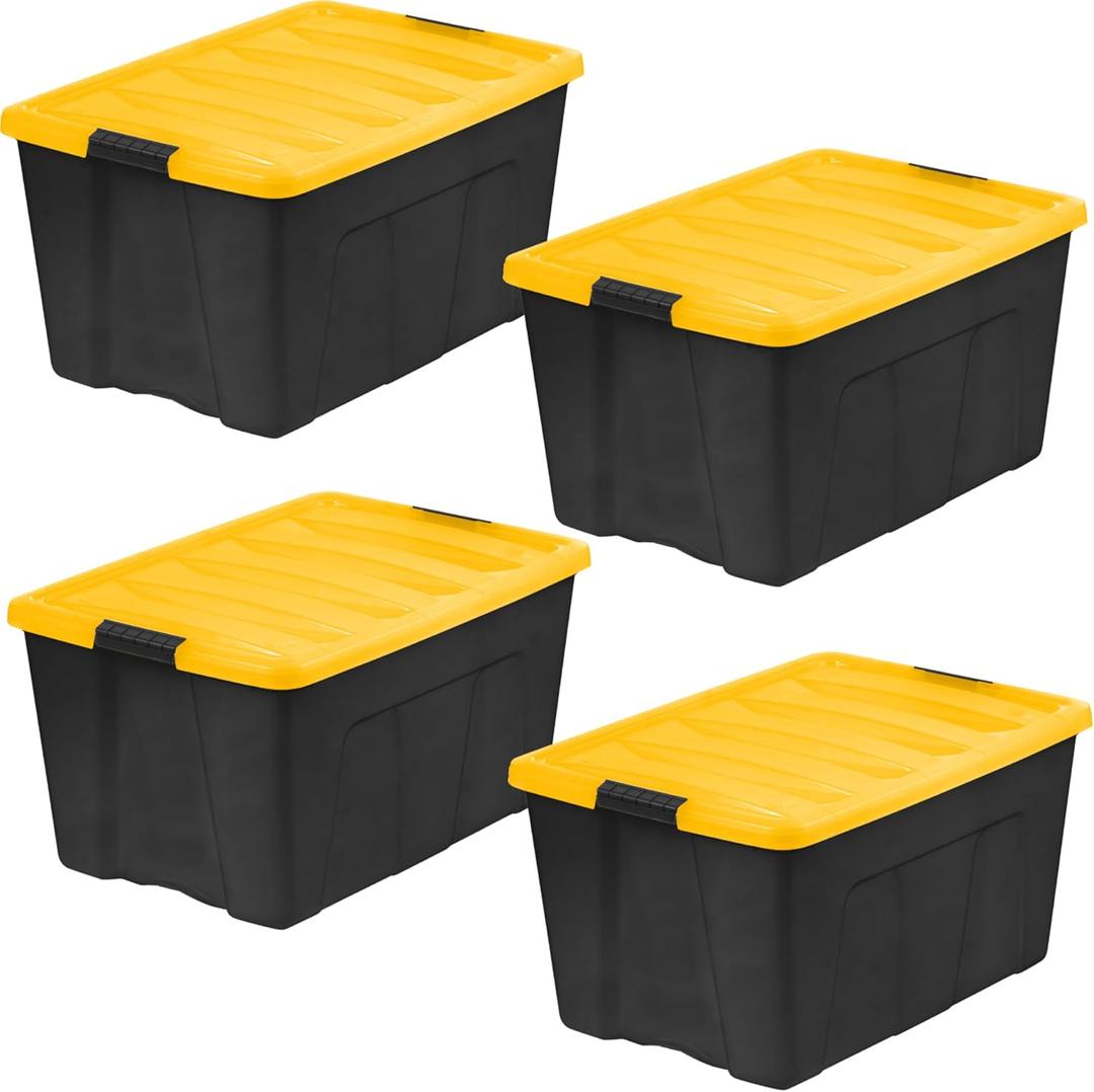IRIS USA 94 Qt Stackable Plastic Storage Bins with Lids, 4 Pack - BPA-Free, Made in USA - Garage Organizing Solution, Latches, Durable Nestable Containers, Secure Pull Handle - Black/Yellow