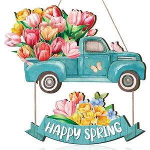 Barydat Spring Door Sign Tulip Gnome Wreath for Front Door Wreath Truck Gnome Welcome Hanger Wooded Hanging Wall Sign for Home Summer(Truck)