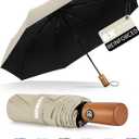 Yoobure Windproof Travel Umbrella with Wood Handle, Automatic Umbrellas for Rain & UV Sun Protection, Compact 46" Large Canopy, Lightweight Backpack Portable for Walking & Outdoor (Beige)