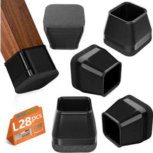 28Pcs Square Chair Leg Floor Protectors with Wrapped Felt Bottom, Silicone Chair Leg Protectors for Hardwood Floors, Chair Legs Cover Prevents Scratches & Reduce Noise (Black L Fit 1.14"-1.42")
