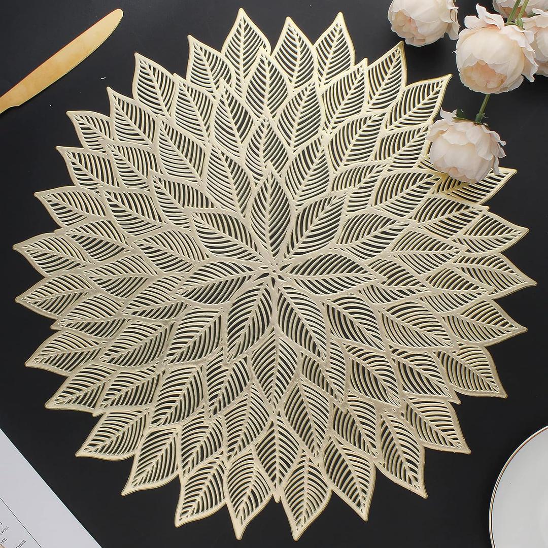 Placemats Set of 8, Round Hollow Out Flowers Place Mats for Dining Table Pressed Vinyl Blooming Leaf Table Mats for Holiday Party Wedding Accent Centerpiece Dinner Table Decoration (Gold)