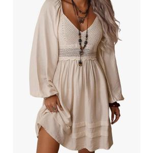 Women Dress 2025 Trendy Vintage Apricot V-Neck Hollow Crochet Long Sleeve Elastic Waist Loose Hem Bohemian Mini Dress Size M