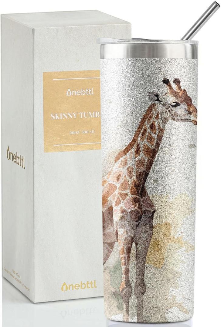 Onebttl Giraffe Gifts for Giraffe Lovers, 20oz Insulated Stainless Steel Tumblers with Lids and Straws, Perfect Gifts for Christmas & Birthday - Watercolor