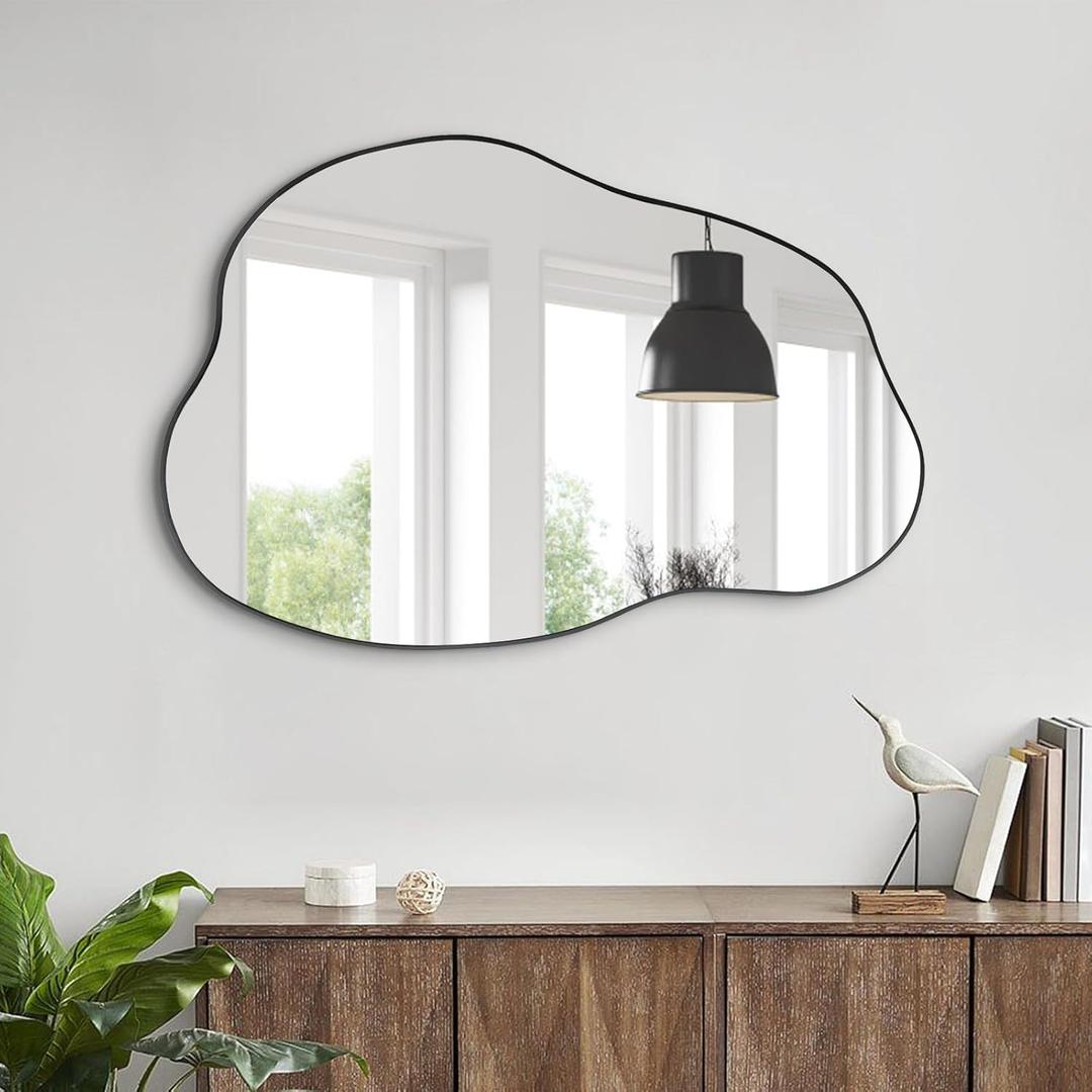 POZINO Asymmetrical Mirror, Black Irregular Mirrors, Cloud Shaped Mirrors, Unique Modern Frameless Mirror for Living Room Bathroom Bedroom Entryway Fireplace,30"x20.5"