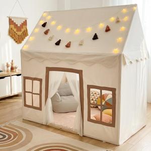 Play Tent with Mat, Star Light, Large Kids Playhouse with Windows Easy to Wash, Indoor and Outdoor Play Tents for Kids, Little Dove Toys for Girls, Boys, 52x35x52 (Beige Playhouse, Large Size)