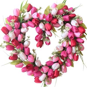 TEMPUS Valentines Day Wreath for Front Door with White Pink Red Tulip and Green Leaf Valentines Heart Wreath for Wedding Festival Decor