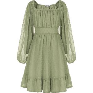 GRACE KARIN Girls Ruffle Tiered Dress Long Sleeve Swiss Dot Flowy A-Line Dress 10Y