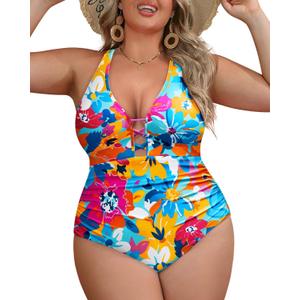 Yonique Women Plus Size One Piece Swimsuit Tummy Control Bathing Suits Lace up Plunge Swimwear (Colorful Flowers)