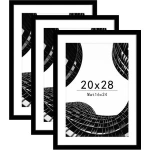 Abtgt 20x28 Picture Frame Set of 3, Display Pictures 16x24 with Mat or 20x28 without Mat, Poster Frame for Wall Mounting Display, Black