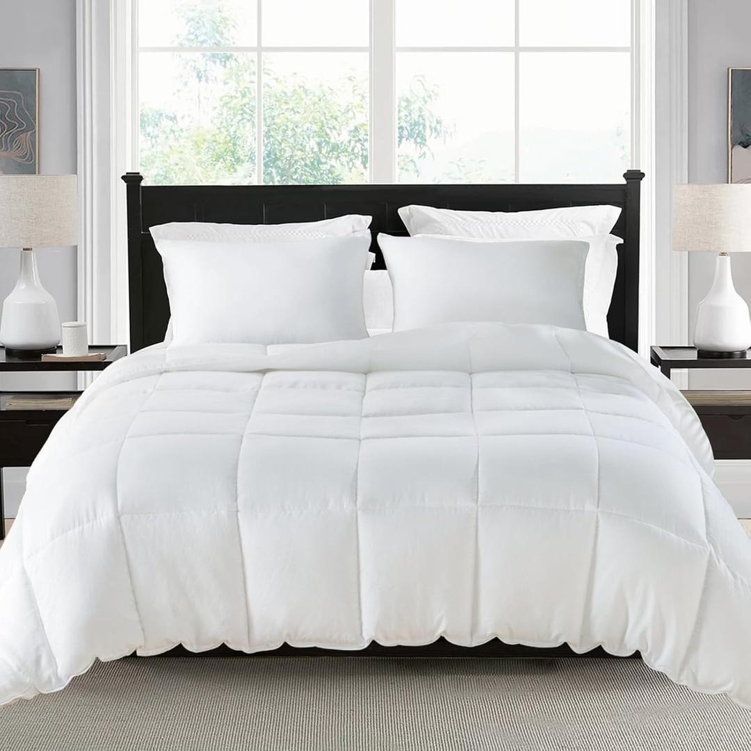 KASENTEX Reversible No-Shrink White Queen Comforter Set with Shams - Stays Fluffy, Ultra Soft, All-Season, Non-Fading Color, Machine Washable Duvet Insert