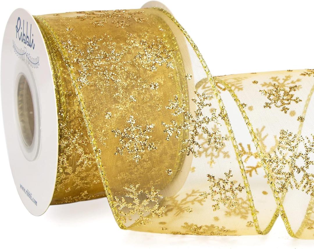 Ribbli Snowflake Glitter Wired Ribbon, Gold Organza Sheer with Gold Glitter Snowflake Pattern and Iridescent Metallic Edge,2-1/2 Inch x 10Yards Christmas Ribbon for Tree Decoration