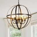 DLLT 6-Light Orb Chandelier, Black Globe Pendant Light Fixtures, Industrial Sphere Pendant Lighting Over Island, Adjustable Hanging Light with Metal Cage for Dining Room, Foyer, E12 Bulbs Not Included